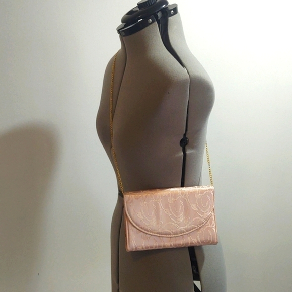 Pastel Pink Satin-like Handbag with Gold Chain Strap - Picture 1 of 6